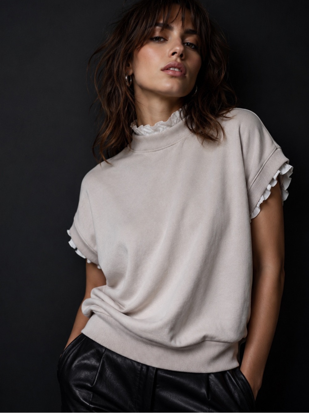 All Saints Soft Ruffle Trim Mock Neck Pullover - Pale Pink
